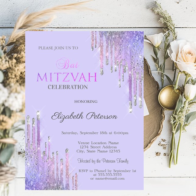 Invitation Chic Pailleté Violet Drips Lavande Bat Mitzvah   (Créateur téléchargé)