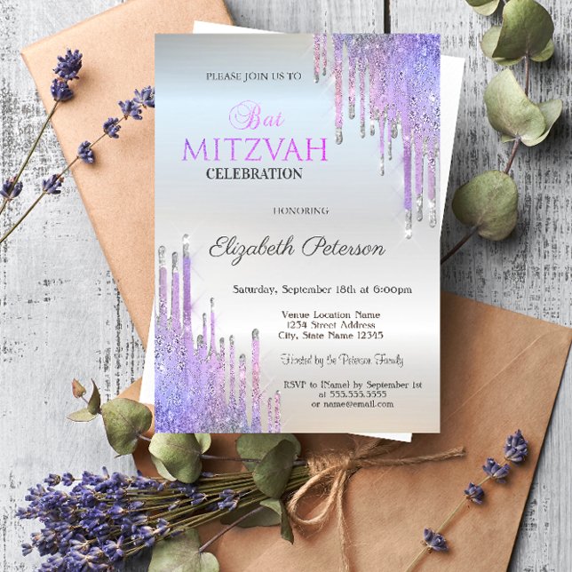 Invitation Chic Pailleté Violet Gouttes Argent Bat Mitzvah   (Créateur téléchargé)