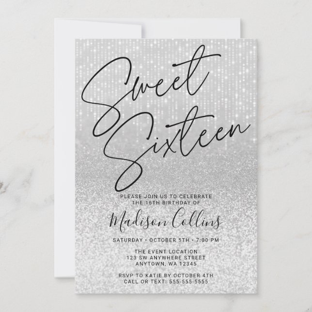 Invitation Chic Paillettes Argentées Sweet 16 (Devant)