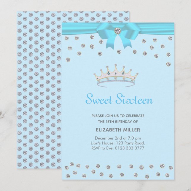 Invitation Chic paillettes diamant Sweet Sixteen sur fond ble (Devant / Derrière)