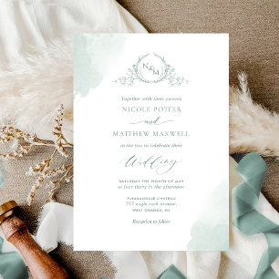 Invitation Chic Pale Vert Aquarelle Taches Monogramme Mariage