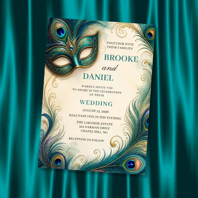 Invitation Chic Paon Turquoise Plume Mascarade Mariage (Créateur téléchargé)