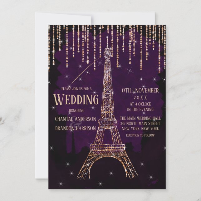 Invitation Chic Parties scintillant Aquarelle Paris Tour Eiff (Devant)