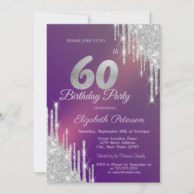 Invitation Chic Parties scintillant Argent Drips Purple 60e a (Devant)