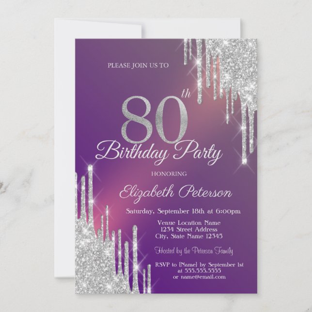 Invitation Chic Parties scintillant Argent Drips Purple 80e a (Devant)