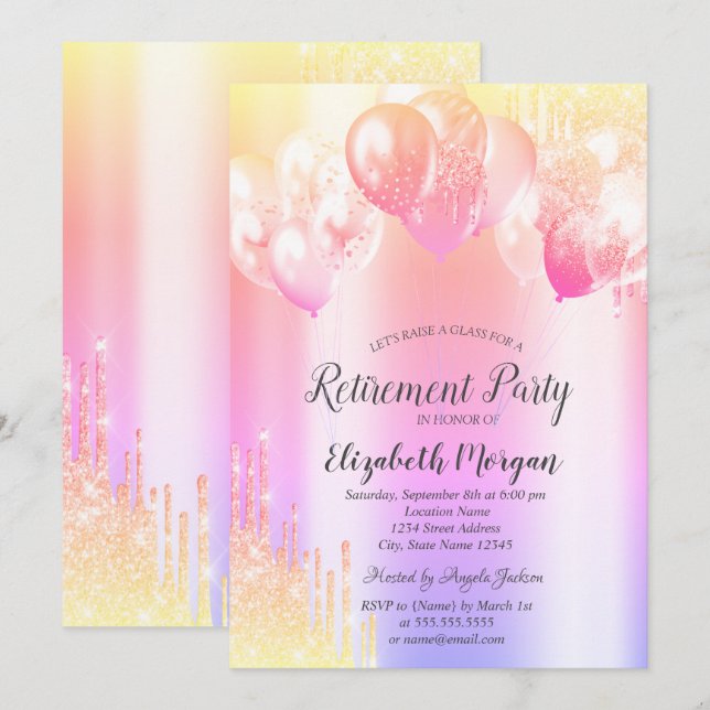 Invitation Chic Parties scintillant Balloons Ombre Retraite (Devant / Derrière)