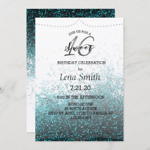 Invitation Chic Parties scintillant Bleu Confetti Doux 16 Ann