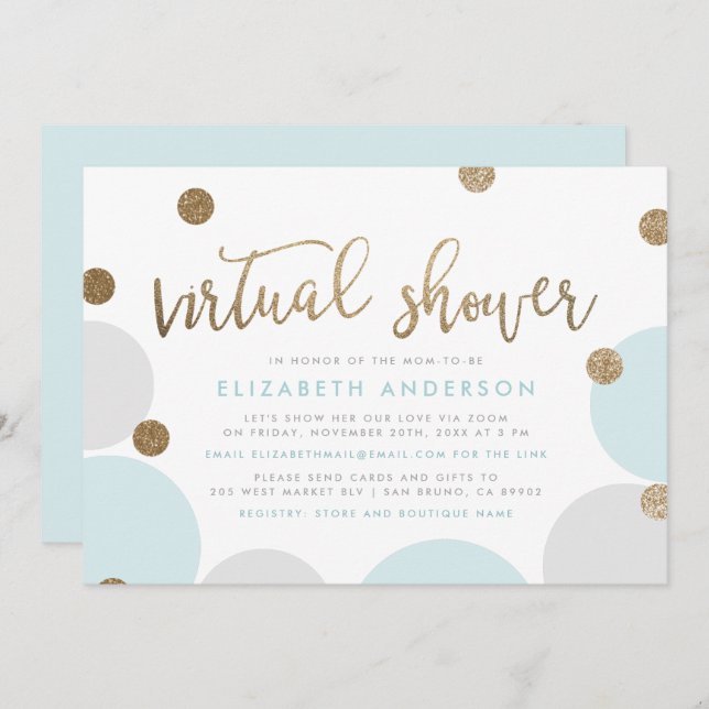 Invitation Chic Parties scintillant Bleu & Or Confetti Douche (Devant / Derrière)
