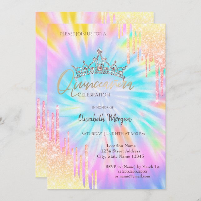 Invitation Chic Parties scintillant Couronne Drop Tie Dye Qui (Devant / Derrière)