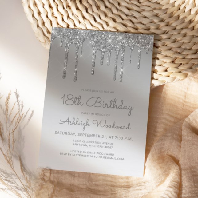 Invitation Chic Parties scintillant Drip Argent 18e anniversa (Créateur téléchargé)