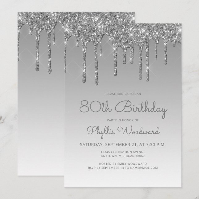 Invitation Chic Parties scintillant Drip Argent 80e anniversa (Devant / Derrière)
