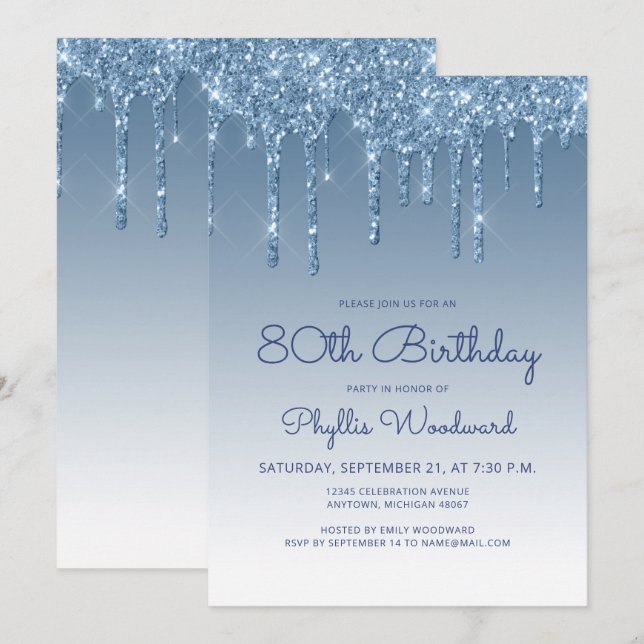 Invitation Chic Parties scintillant Drip Blue 80e anniversair (Devant / Derrière)