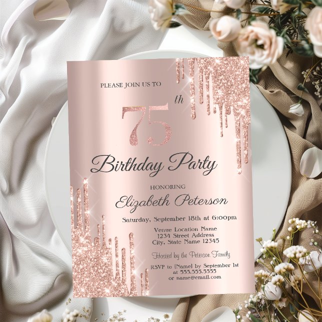 Invitation Chic Parties scintillant Drips Rose Gold 75e anniv (Créateur téléchargé)