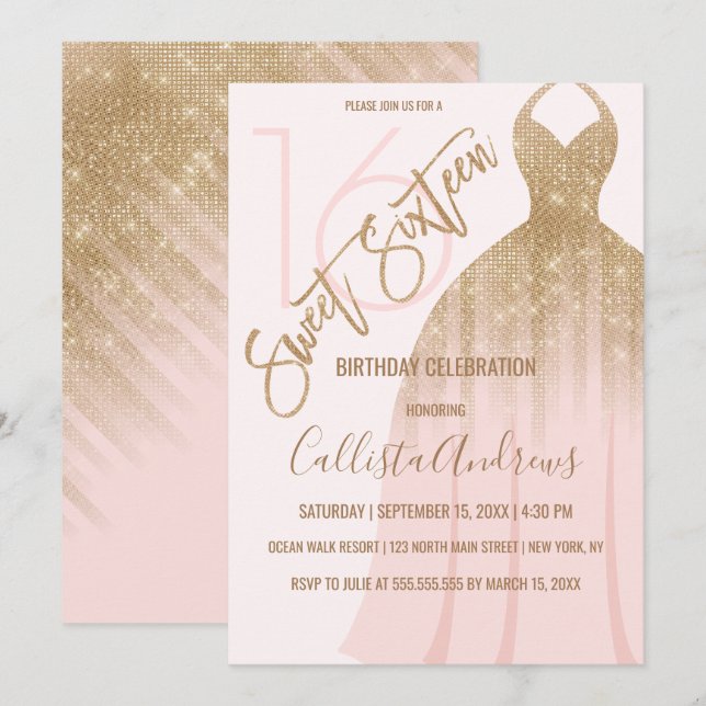 Invitation Chic Parties scintillant rose or princesse robe do (Devant / Derrière)