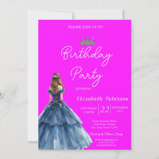 Invitation Chic Parties scintillant Tiara Blue Robe Neon rose (Devant)