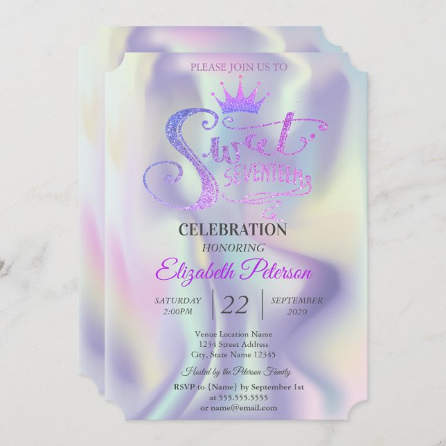 Invitation Chic Parties scintillant Tiara Holographic Sweet 1 (Devant / Derrière)