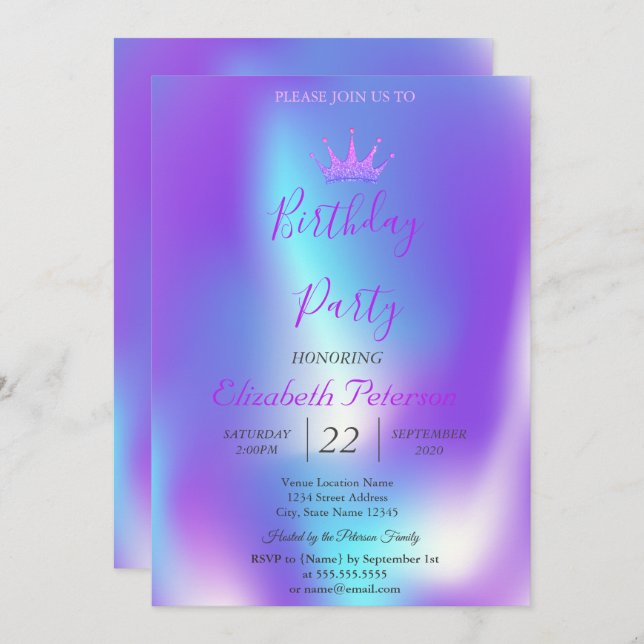Invitation Chic Parties scintillant Tiara Ombre Holographique (Devant / Derrière)