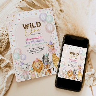 Invitation Chic Party Animaux Wild Safari Girl 1er anniversai