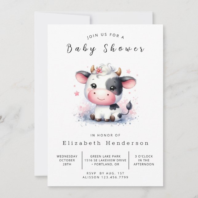 Invitation Chic Pastel Baby shower Whimsical Vache (Devant)