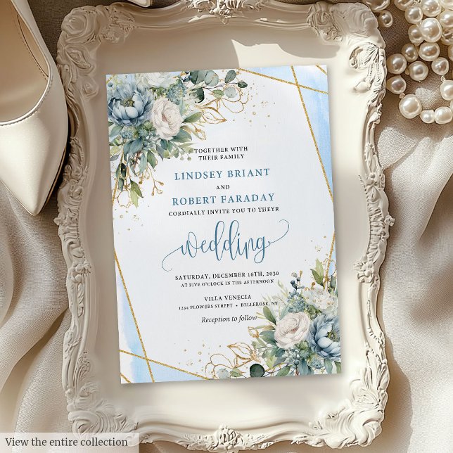 Invitation Chic Pastel Blue Sage Gold Floral Wedding Invite (Chic Pastel Blue Sage Gold Floral Wedding Invitation)