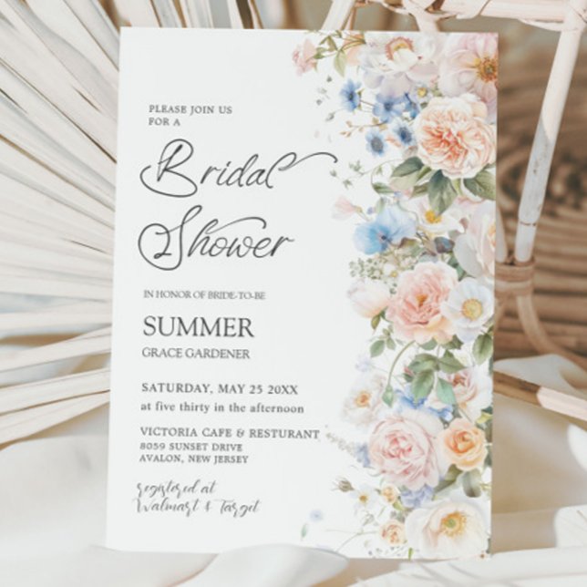 Invitation Chic Pastel Blush Blanc Bleu Fête des mariées Flor (Créateur téléchargé)