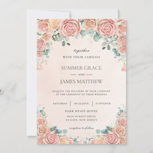 Invitation Chic Pastel Blush Peach Floral Roses Mariage Invi (Devant)
