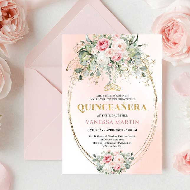 Invitation Chic Pastel Pink Boho Floral Quinceañera Invites (Chic Pastel Pink Boho Floral Quinceañera Invitation)