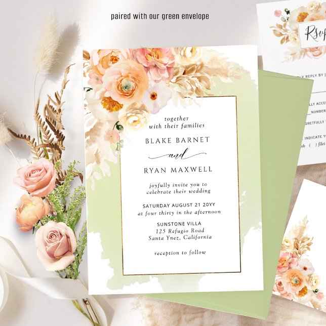 Invitation Chic Peach Blush Champagne Green Floral Mariage (Créateur téléchargé)