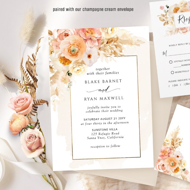 Invitation Chic Peach Blush et Champagne Floral Mariage (Créateur téléchargé)