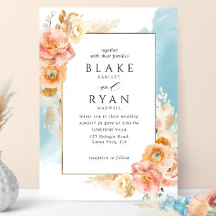 Invitation Chic Peach Blush Floral, Aqua Watercolor Mariage