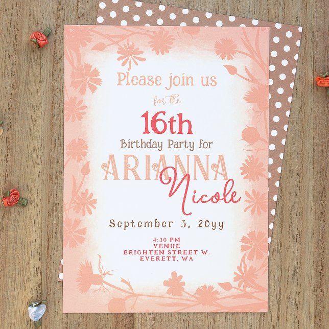 Invitation Chic Peach Fleurs Beiges Pois Anniversaire (Peach fuzz, dusty peach, beige polka dots, wild flowers 16th, sixteenth birthday party invitation)