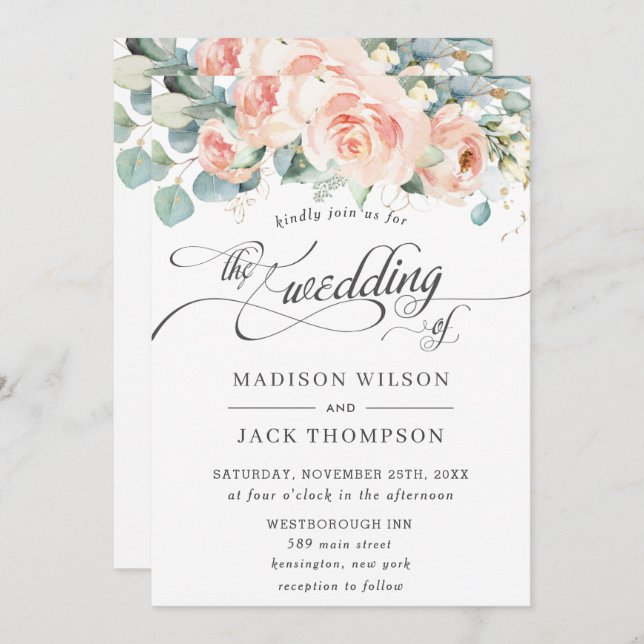 Invitation Chic Peach Floral Calligraphie Mariage de verdure (Devant / Derrière)
