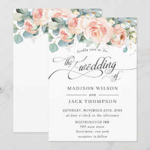 Invitation Chic Peach Floral Calligraphy Mariage de verdure