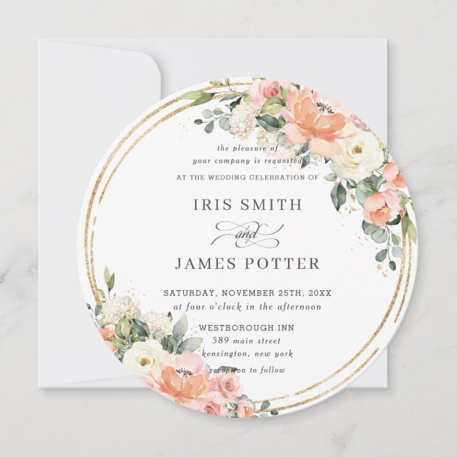 Invitation Chic Peach Ivory Blush Pink Floral Gold Mariage (Devant)