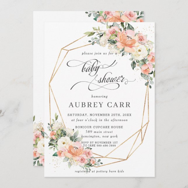 Invitation Chic Peach Ivory rose Baby shower floral géométriq (Devant / Derrière)
