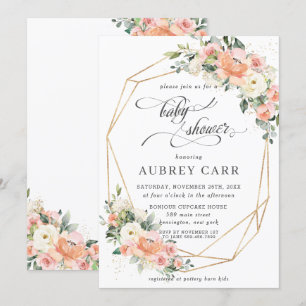 Invitation Chic Peach Ivory rose Baby shower floral géométriq