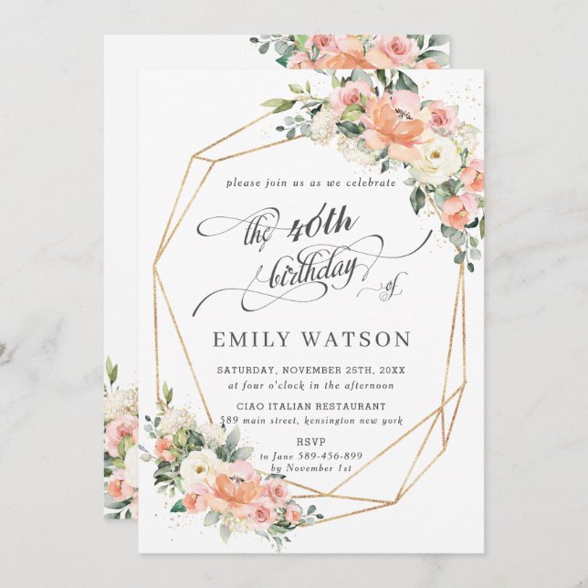 Invitation Chic Peach Ivory rose Floral Anniversaire géométri (Devant / Derrière)
