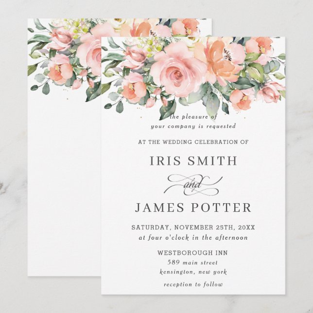 Invitation Chic Peach Orange Rose Floral Mariage (Devant / Derrière)