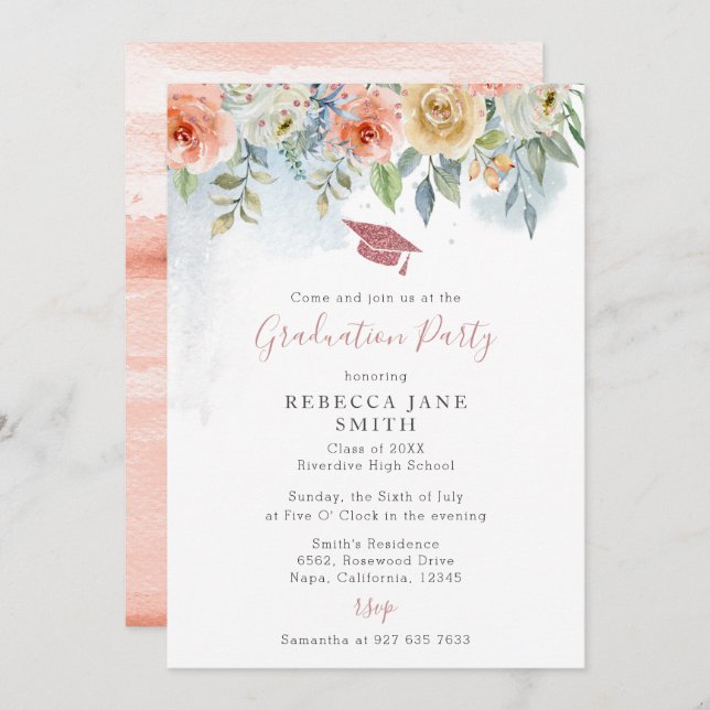 Invitation Chic Peach Pink Flowers Rose Gold Casquette Gradua (Devant / Derrière)
