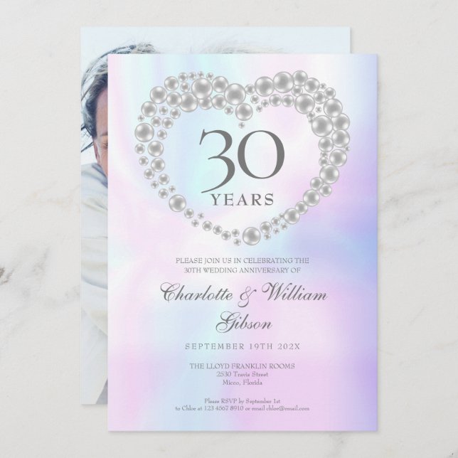 Invitation Chic Pearl Heart Photo 30th Anniversary (Devant / Derrière)