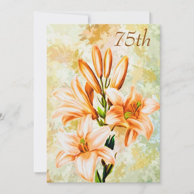 Invitation Chic Pêche & Lys Blancs 75e Anniversaire (Devant)