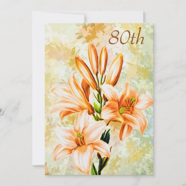 Invitation Chic Pêche & Lys Blancs 80e Anniversaire (Devant)