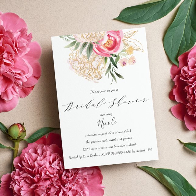Invitation Chic Peonies or Fleurs Mariage Fête des mariées (Calligraphy "Bridal Shower" with PInk peones and green leaves and gold accents. Elegant Inviation )
