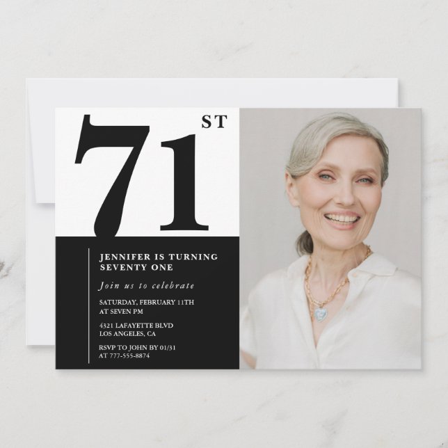 Invitation Chic Photo Noir Blanc 71e Anniversaire (Devant)