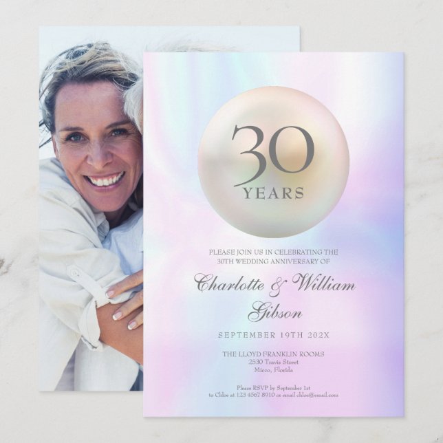 Invitation Chic Photo Perle 30ème Anniversaire de Mariage (Devant / Derrière)