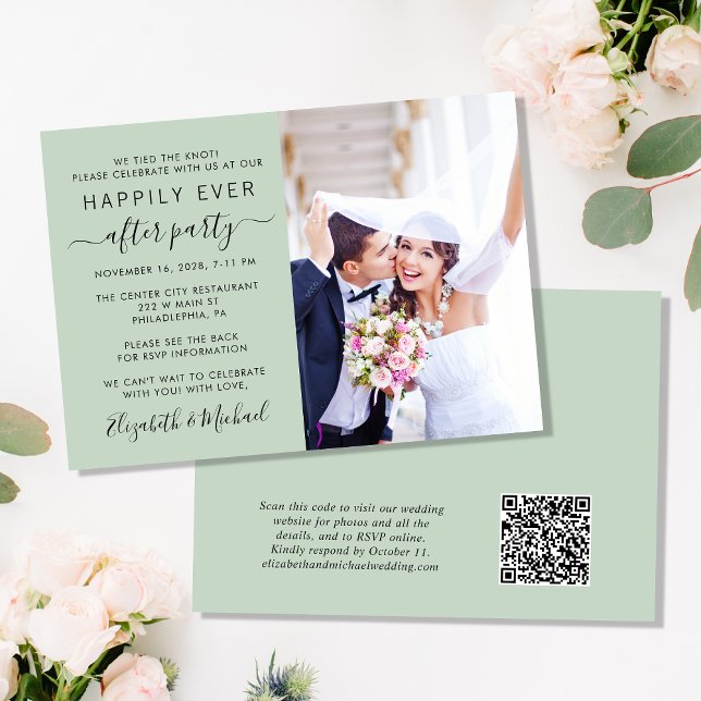 Invitation Chic Photo QR Code Sage Mariage Réception (Créateur téléchargé)