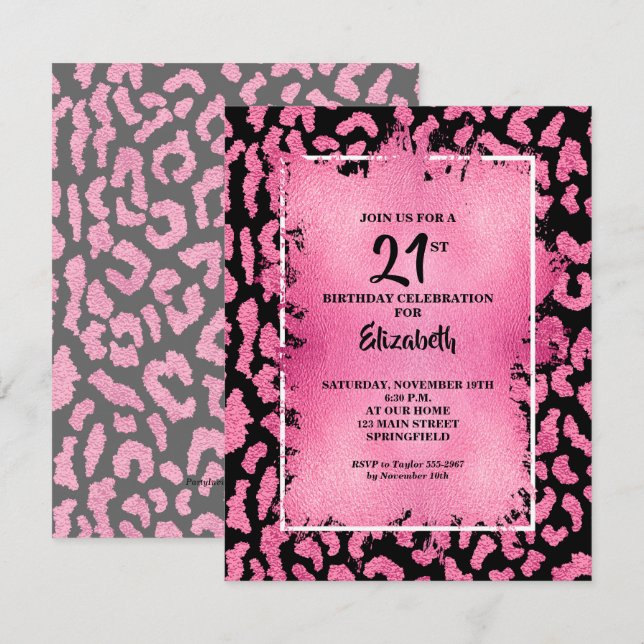 Invitation Chic Pink and Black Leopard Print Birthday (Devant / Derrière)