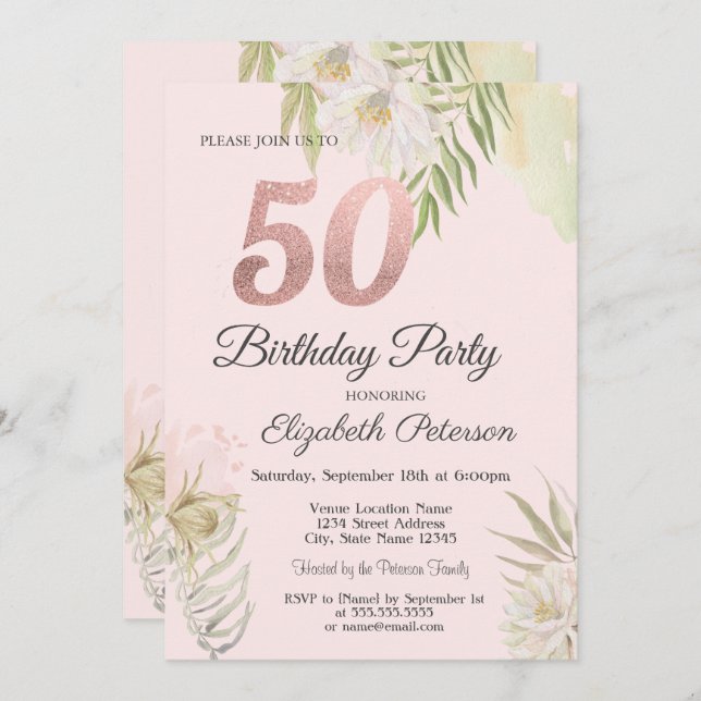Invitation Chic Pink Boho Floral 50e fête d'anniversaire (Devant / Derrière)