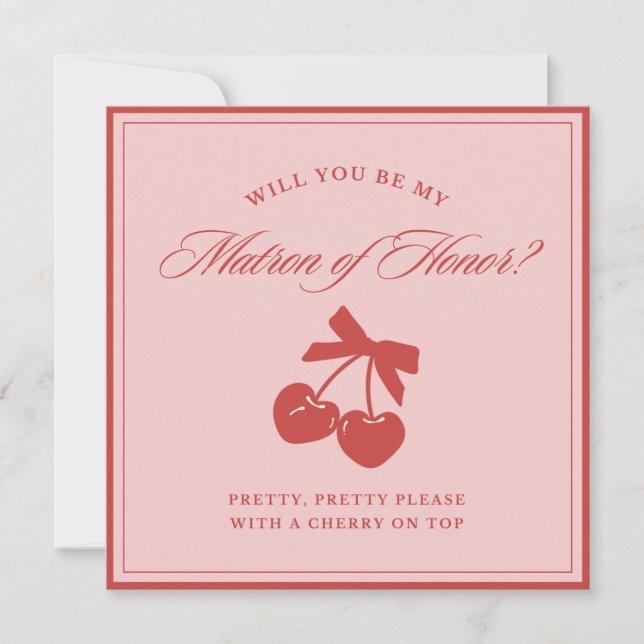 Invitation Chic Pink Bow Cherry Matron of Honor Proposal Card (Devant)
