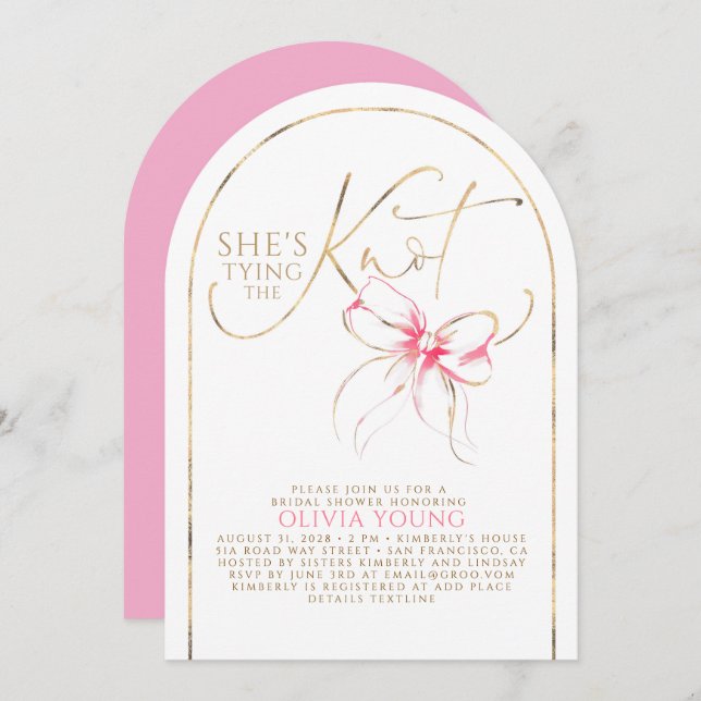 Invitation Chic Pink Bow She's Tying The Knot Bridal Shower (Devant / Derrière)